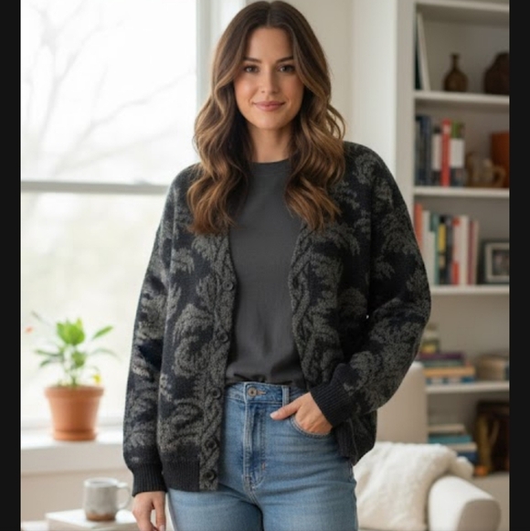 Vintage Sweaters - Women’s Charcoal Floral Knit Cardigan Sweater - Unbranded